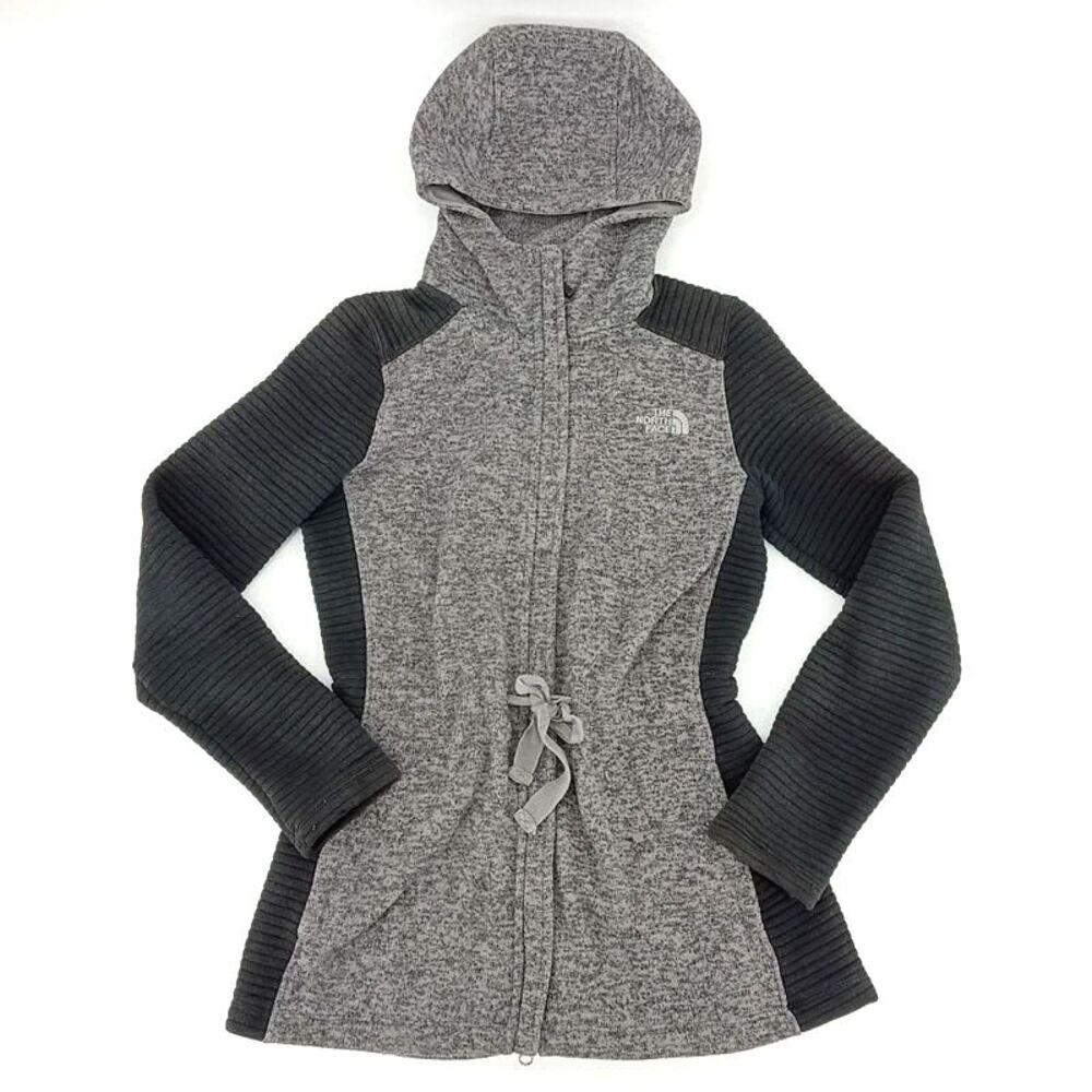 The North Face Gray Black Moto Fleece Jacket Hooded Ribbed Sleeves S